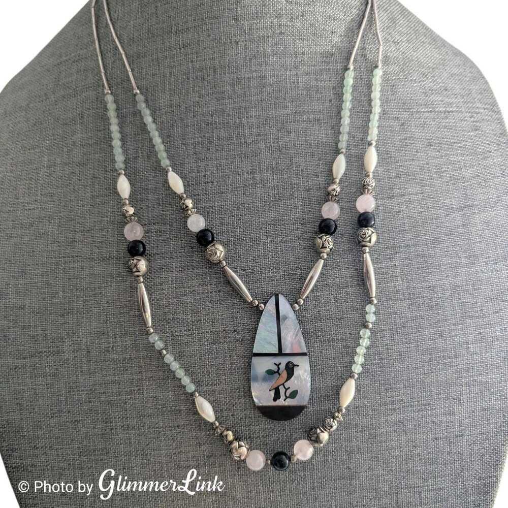 Vintage Bird Inlay Pendant Necklace Aventurine Rose Quartz Onyx Silver Tone - Picture 4 of 15